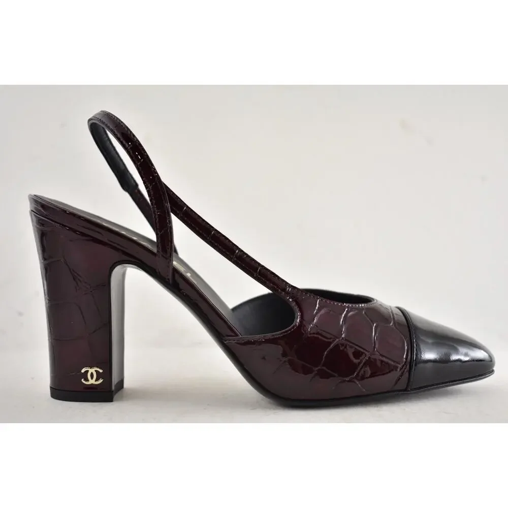 Chanel 26A Burgundy Black Crocodile Coco Sling Slingback Block Heel Pump 40c